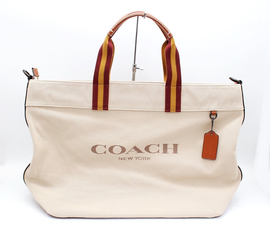 コーチ 2WAY トートバッグ CJ486 キャンバス トート 38 ショルダーバッグ ベージュ系 メンズ COACH z24-1141 中古品 z_b_画像2