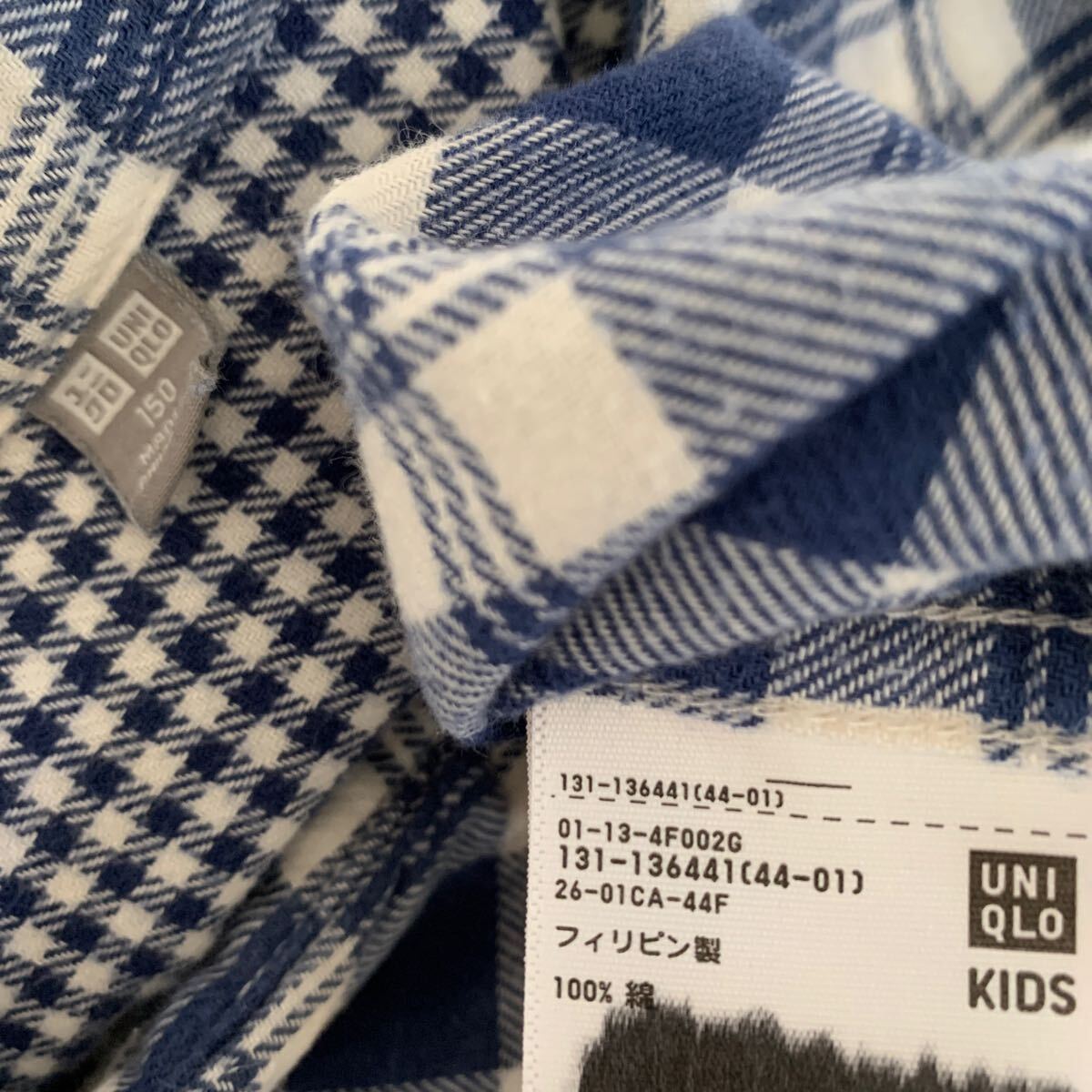 UNIQLO チェックシャツ 150 長袖シャツ ブルー チェック柄 長袖 ユニクロ　ジュニア　ボーイズ　青　春物　ホワイト _画像3