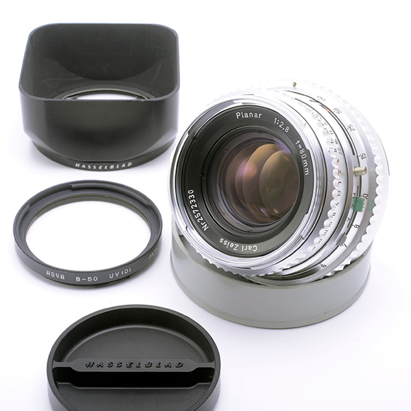 1円～！★HASSELBLAD ハッセルブラッド用 Carl Zeiss ツァイス Planar プラナー C 80mm F2.8 白鏡胴 non T* + 純正フード UVフィルター付属の画像1