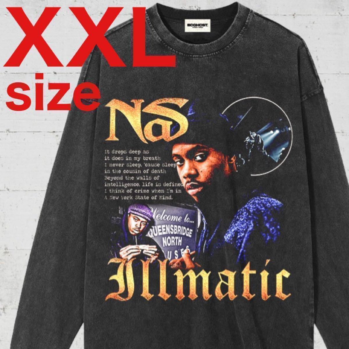 NAS　ナズ　ゴールド　ラップ　ロングスリーブTシャツ　ロンT　ブラック　XXL