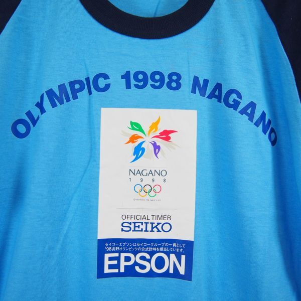 1998年長野オリンピック EPSON SEIKO 半袖プリントラグランTシャツ(M)ブルー×ネイビー/COMPOSITION SPORTS WEAR_画像4