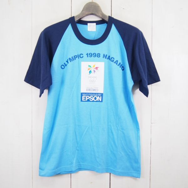 1998年長野オリンピック EPSON SEIKO 半袖プリントラグランTシャツ(M)ブルー×ネイビー/COMPOSITION SPORTS WEAR_画像1