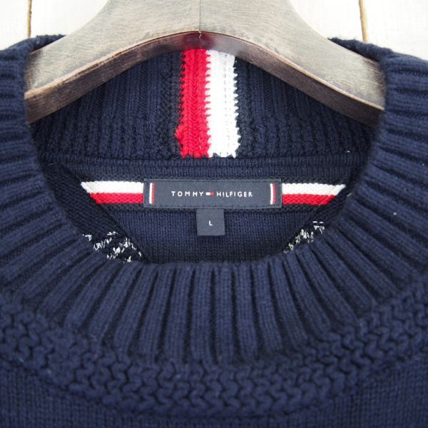 トミーヒルフィガー TOMMY HILFIGER 総柄ボーダー編みモックネックセーター(L)ネイビーの画像2