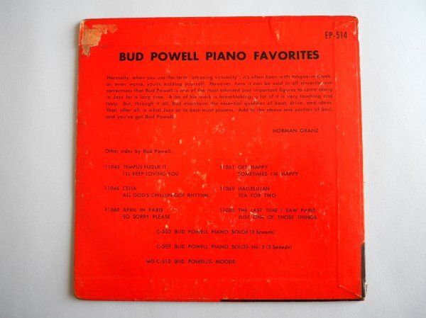 バド・パウエル クレフEP Bud Powell Piano Favorites Clef EP-514の画像2