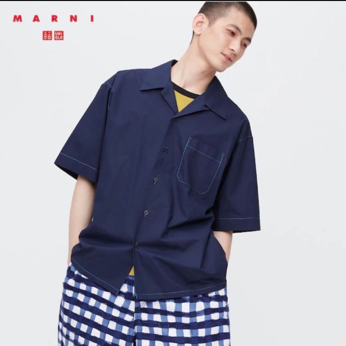 新品【3XL】ユニクロ マルニ uniqlo MARNI 半袖 シャツ ネイビー オーバーサイズオープンカラーシャツ