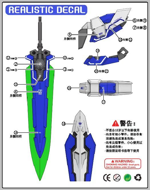 【DDB CORGI】1/144 RG HG ガンダムエクシア用武器セット (GNブレイド×2、GNシールド×2、バックパック) プラモデル 未組立_デカール使用方法