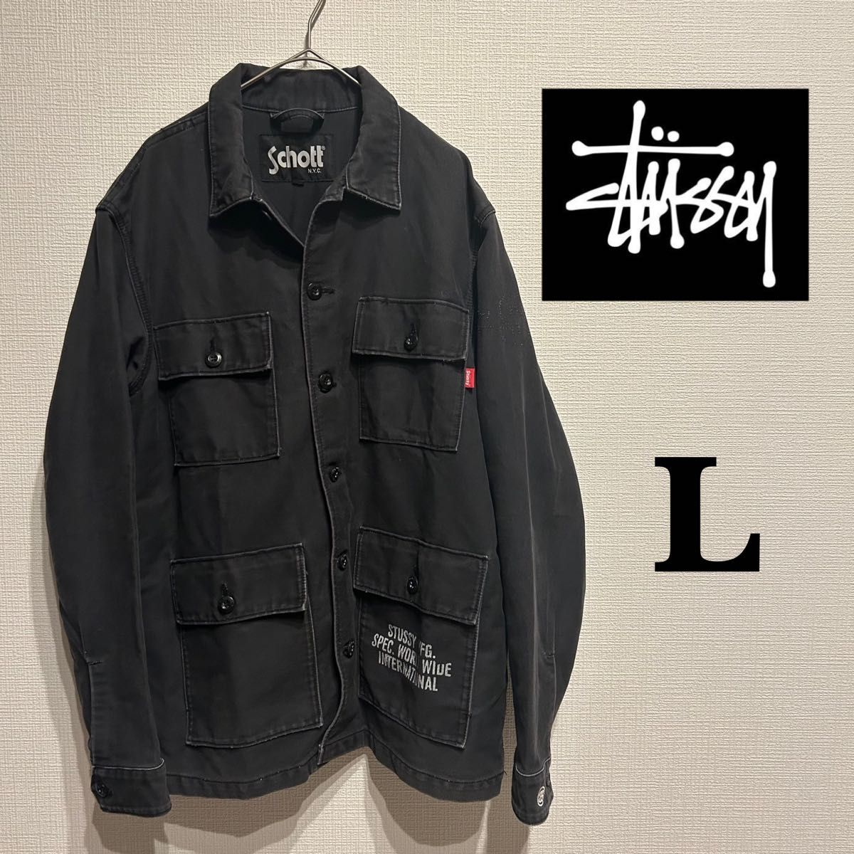 stussy schott カバーオール ジャケット ブラック 黒 ワーク stussy schott カバーオール ジャケット ブラック 黒 ワーク