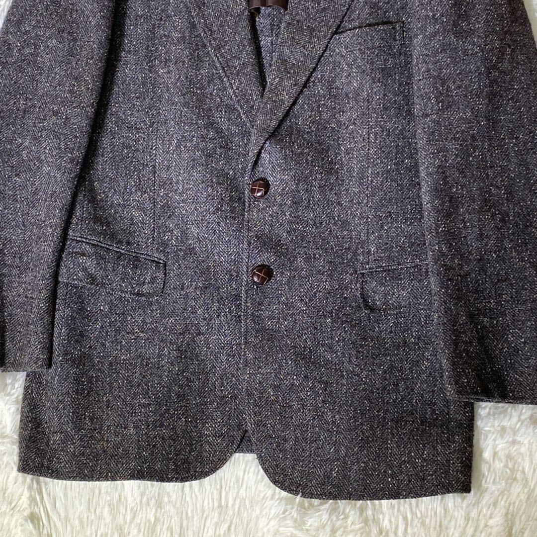 美品 XLサイズ テーラードジャケット ヘリンボーン ツイード くるみボタン ウール グレー メンズ 2B 紳士服 シングル 大きいサイズ の画像7