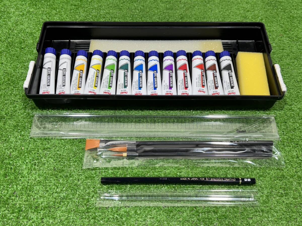 (M669) acrylic paint 12 color study teaching material storage back attaching unused writing brush 3ps.@ etc. ruler pen teru