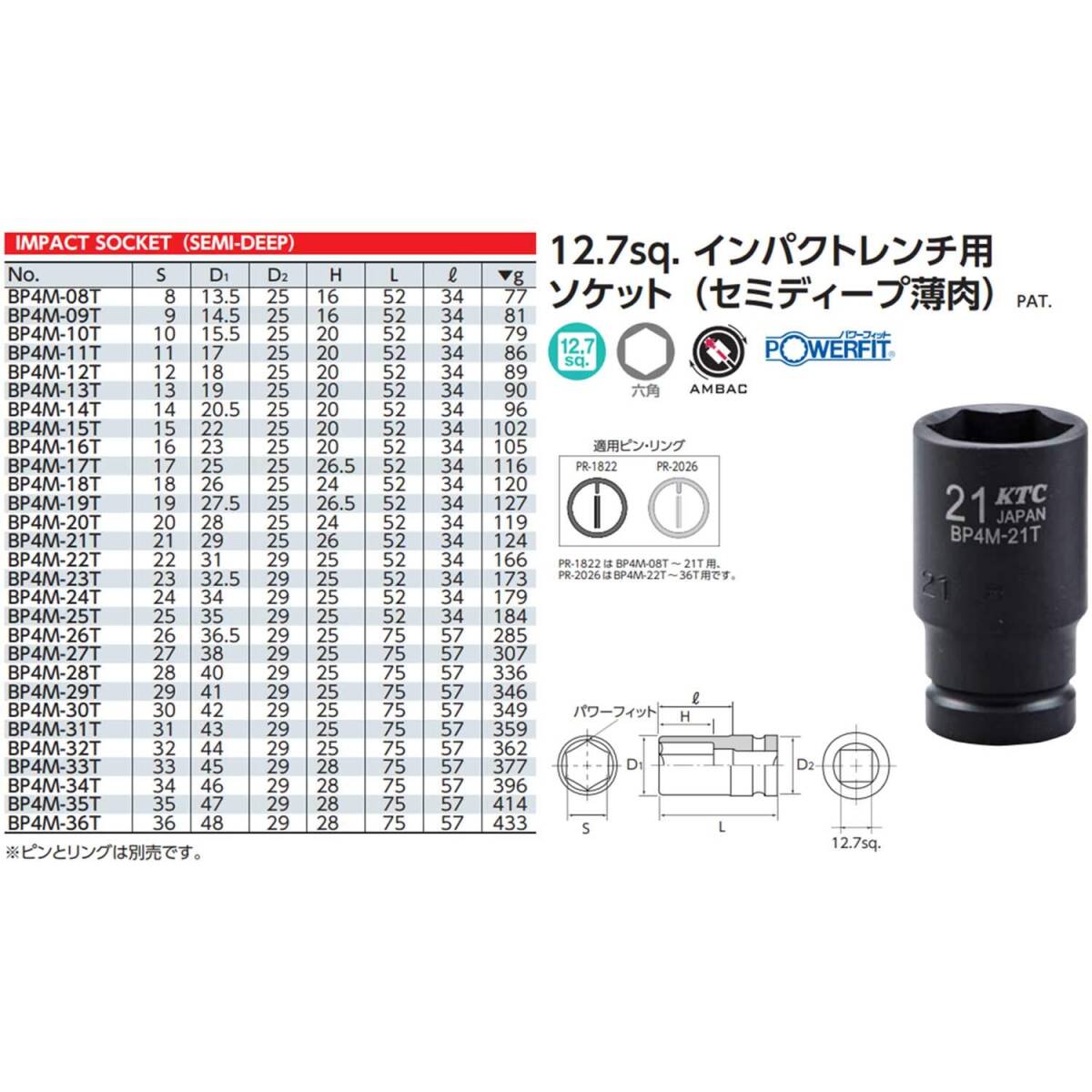 京都機械工具(KTC) 12.7mm (1/2インチ) インパクトレンチ ソケット (セミディープ薄肉) BP4M-13T_画像2