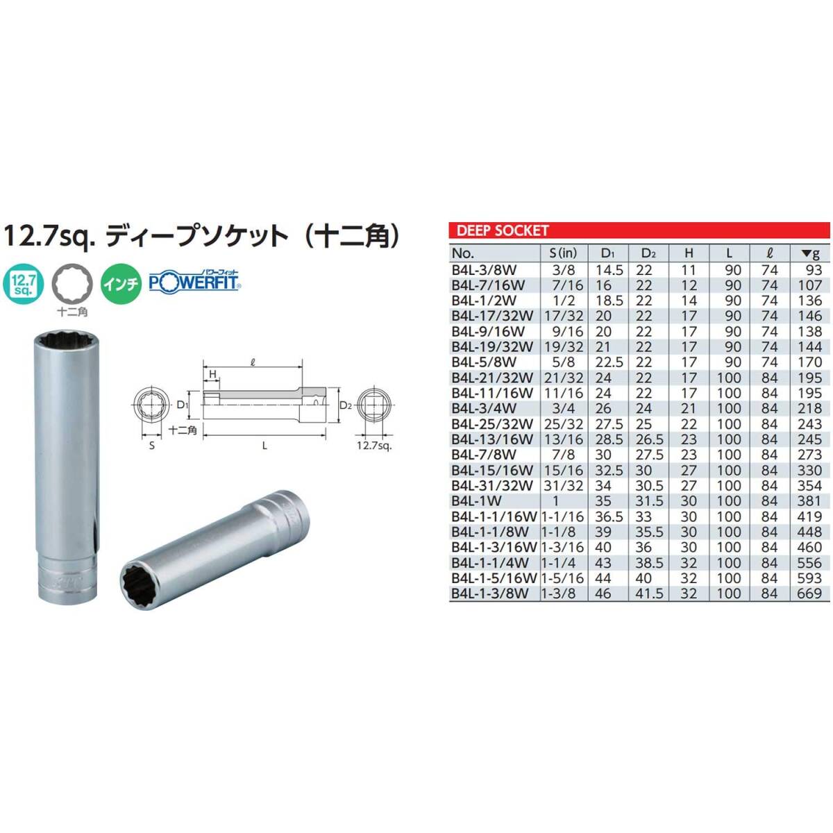 京都機械工具(KTC) 12.7mm (1/2インチ) ディープソケット (十二角) B4L-1-3/16W_画像2