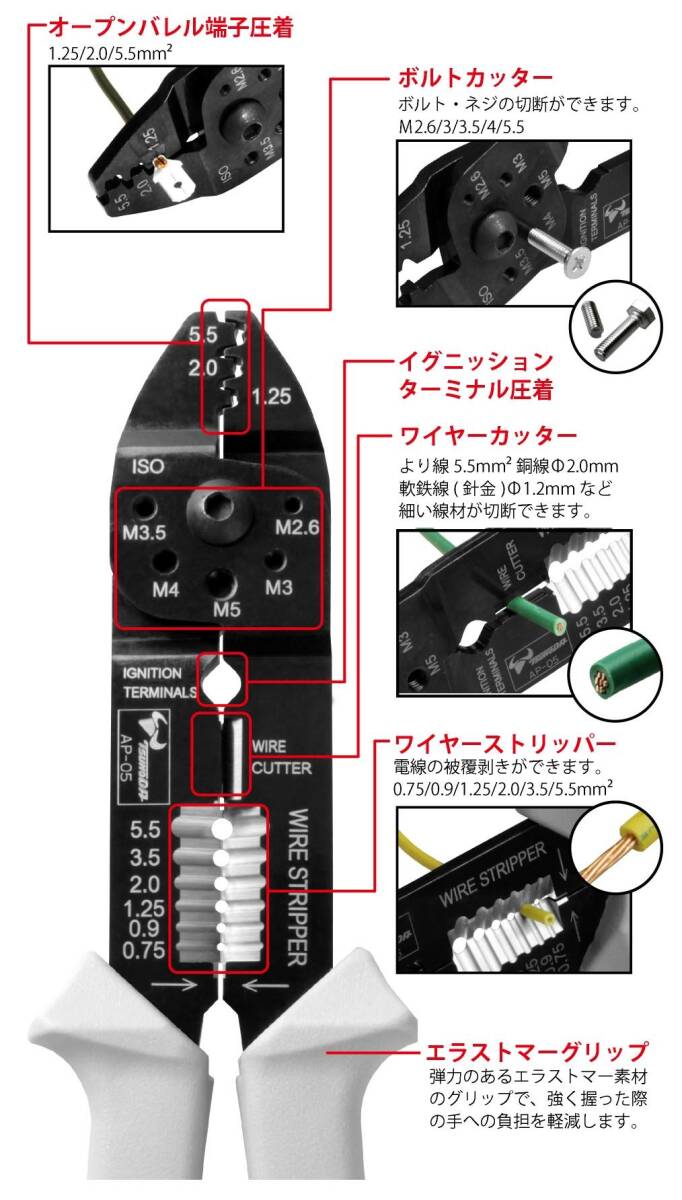 ツノダ(TSUNODA) 電工万能ペンチ オープンバレル(ギボシ)端子用 AP-05_画像2