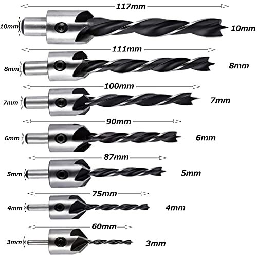皿取錐 下穴錐 座ぐり 穴あけトリマーDIY工具 皿穴ドリルビット7本面取りカッター 木工用ドリル 木工用セット 六角レンチ付き3_画像2