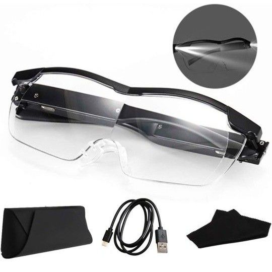 メガネ型拡大鏡 1.6倍 USB充電式 拡大鏡 ルーペ 1.6倍 LEDライト付き ブルーライト カット メガネ型 老眼鏡