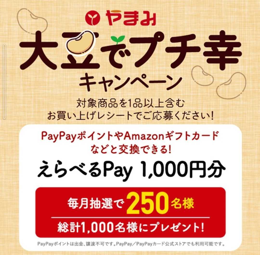 懸賞応募★えらべるPay1000円分が毎月250名様に当たる！やまみ大豆でプチ幸キャンペーン！応募レシート１口の画像1