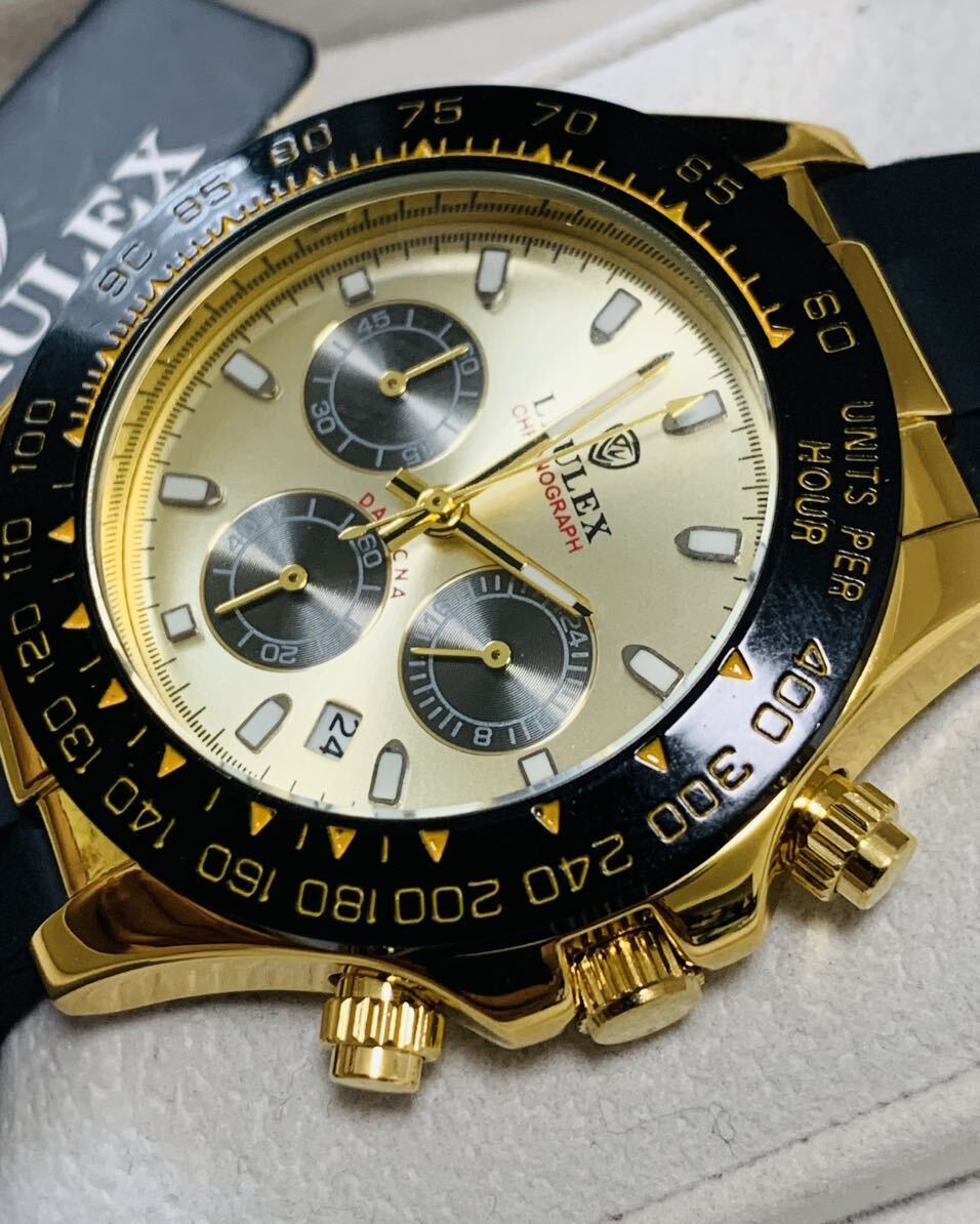 新作　メンズ腕時計　デイトナオマージュ クロノ グラフ　スーツ　ダイバーズ　シリコン　ゴールド　人気高品質　1794g現品限り　即日発送