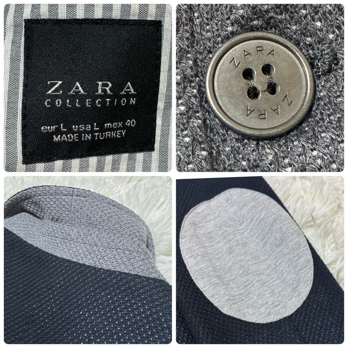 美品Lサイズ ZARA ザラマン テーラードジャケット エルボーパッチ ブラック ストライプ ストレッチ ブレザー メンズ ビジネススーツ グレー_画像10