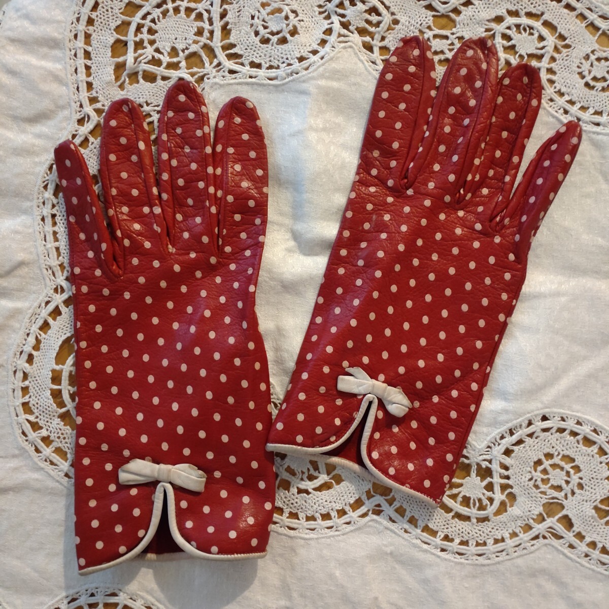  France antique leather glove dot pattern gloves leather leather glove Vintage old clothes 