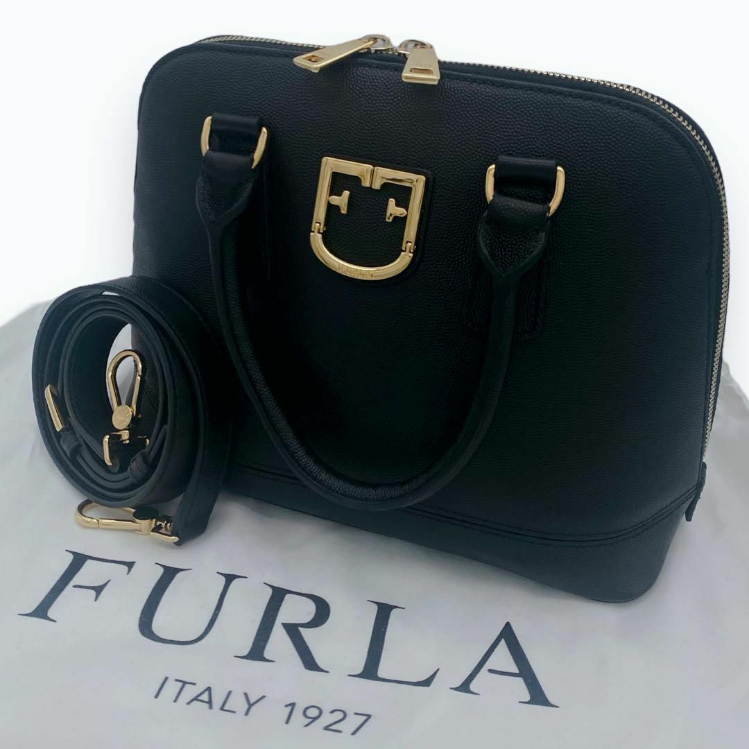 美品 FURLA FANTASTICA S DOME フルラ 2way ファンタスティカ ドーム ハンドバッグ ショルダーバッグ ゴールド レザー ブラック 黒の画像1