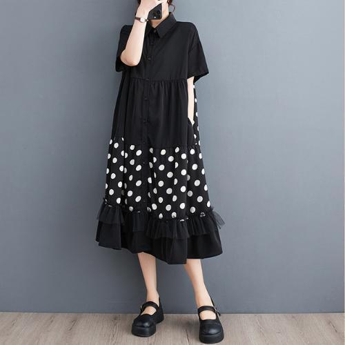 ドット柄シャツワンピースゆったり 半袖 ロング丈 ブラック ドット柄シャツワンピースゆったり 半袖 ロング丈 ブラック