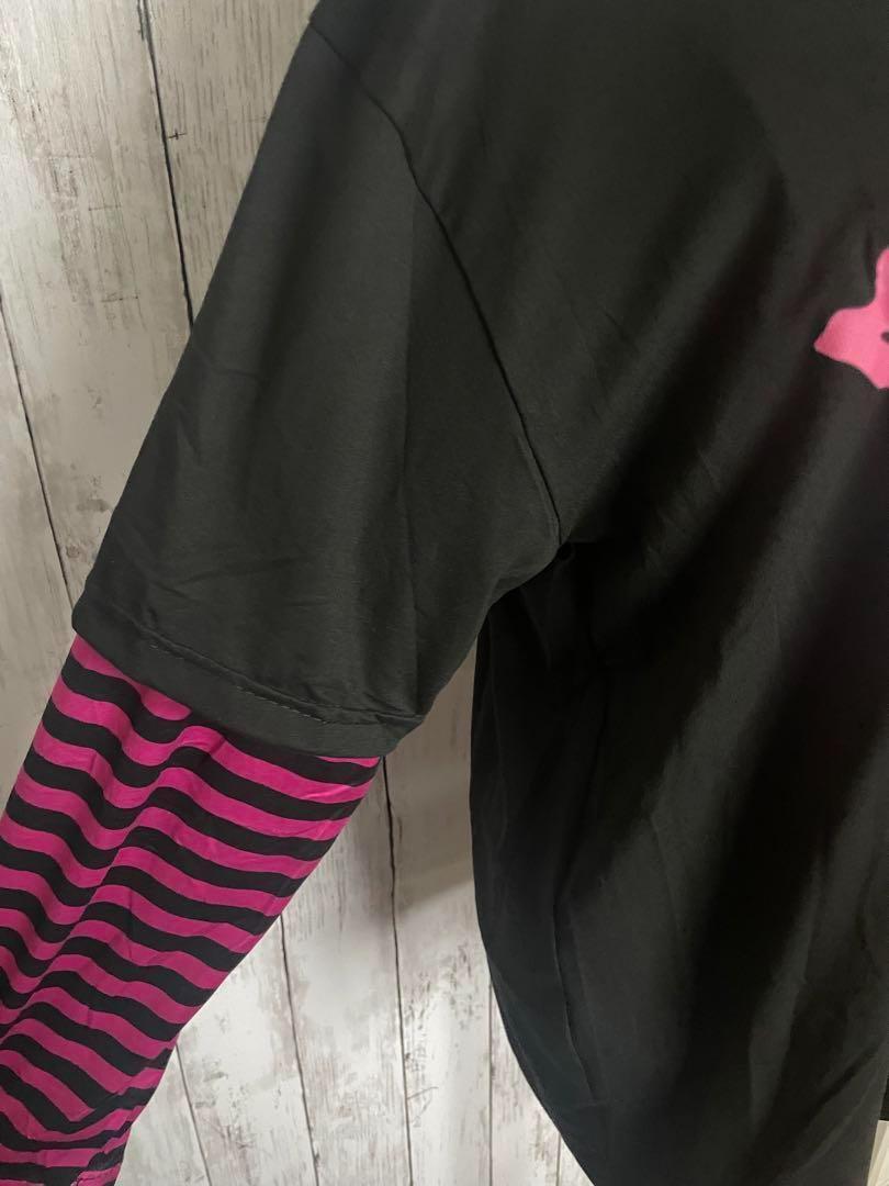 XLサイズ アニメ風ロンT 黒ピンク 大きめ 袖ストライプ 【新品未使用品】_画像9