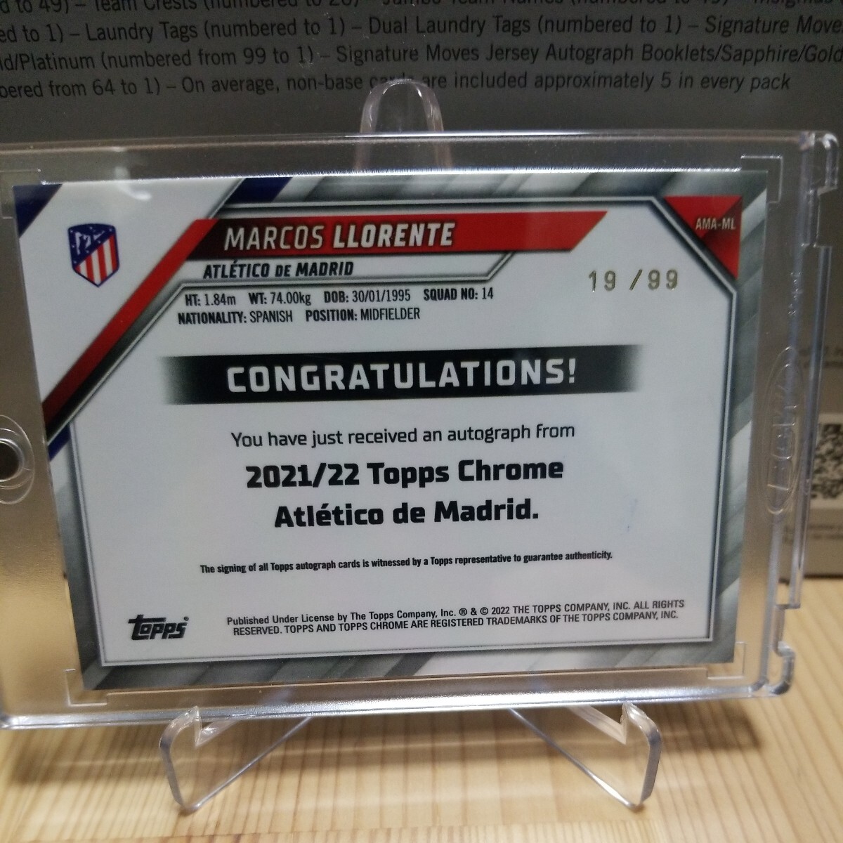 topps chrome soccer Atletico de Madrid MARCOS LLORENTE 19/99シリ Auto 直書き 直筆サインカード on cardの画像2