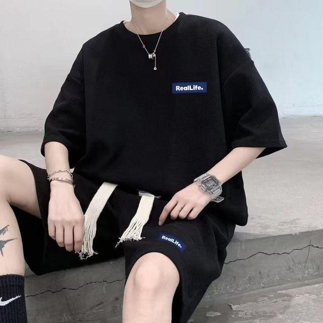 夏 カジュアル 半袖シャツ ショートパンツ 韓國ファッション セットアップ 上下セット メンズ ブラック L_画像2