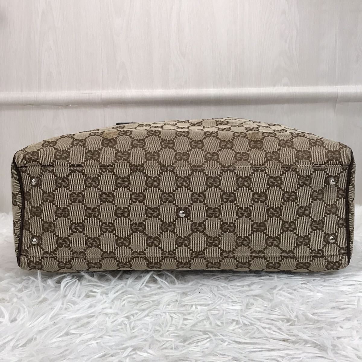 極美品/A4●グッチ GUCCI トートバッグ ハンドバッグ メンズ ビジネス 大容量 GGキャンバス シェリーライン ホースビット 金具 レザー 本革_画像5