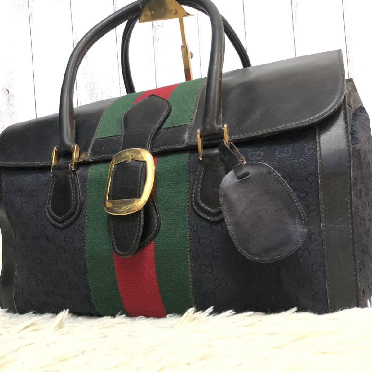 入手困難/良品●グッチ GUCCI ボストンバッグ ハンドバッグ メンズ ビジネス 大容量 GGキャンバス レザー シェリーライン 金具 黒 ブラックの画像1