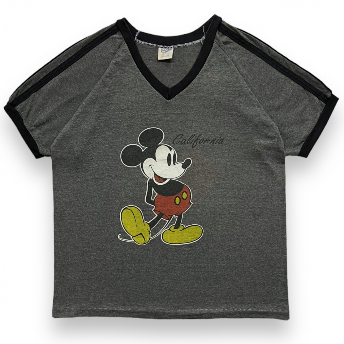 90s USA製 VELVA SHEEN ベルバシーン MICKEY ミッキー CALIFORNIA カリフォルニア 半袖 Vネック ライン プリント Tシャツ 古着 L グレー_画像1