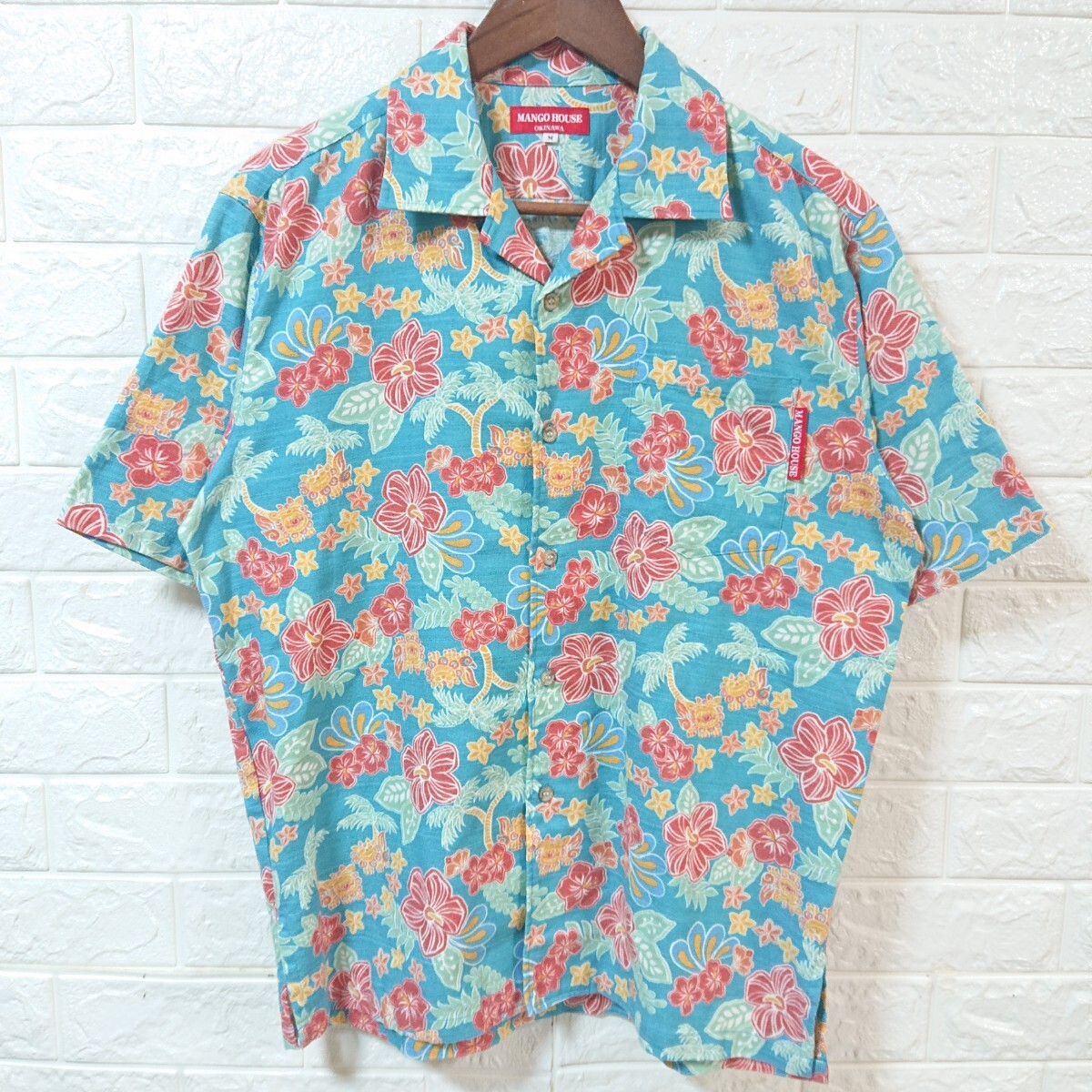【日本製】美品 MANGO HOUSE マンゴーハウス 沖縄かりゆし シーサー 花柄 オープンカラー アロハシャツ Mサイズ 美カラー aloha shirtの画像2