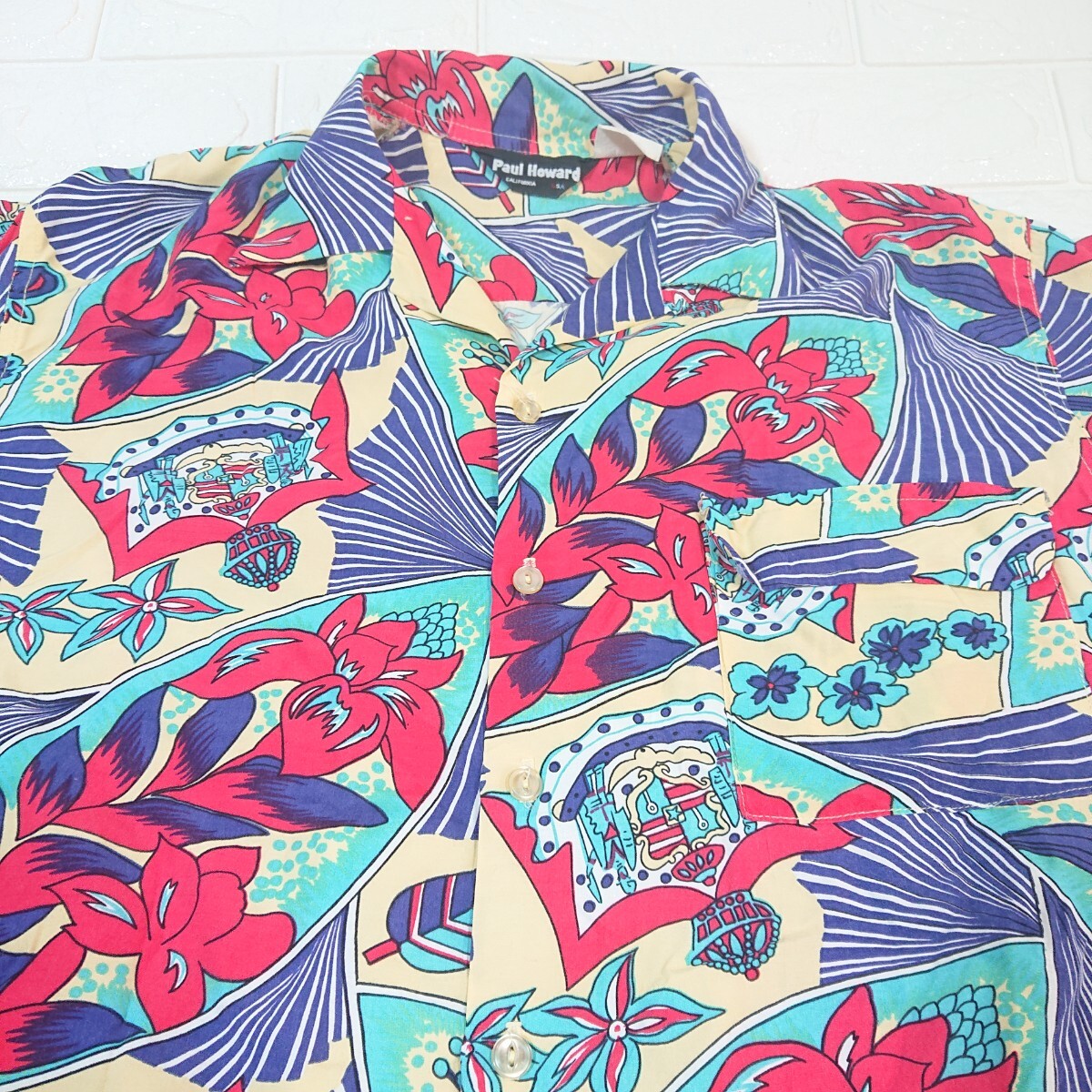 【USA製】80s Vintage Paul Howard ヴィンテージ ポールハワード 猫目ボタン レーヨン アロハシャツ Mサイズ 米国製 rayon aloha shirtの画像4