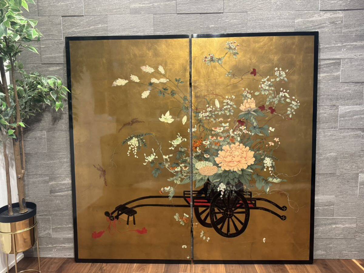 Yahoo!オークション - 超美品 金屏風 蒔絵 衝立牛車絵 2連衝立 Yahoo!オークション - 超美品 金屏風 蒔絵 衝立牛車絵 2連衝立