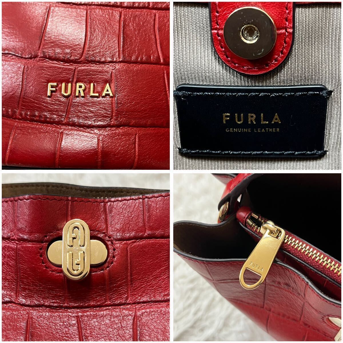 希少 極美品 FURLA フルラ ダナエ 2way ショルダーバッグ ハンドバッグ 巾着 バケット ターンロック クロコ 型押し レッド 赤色 現行ロゴ_画像10