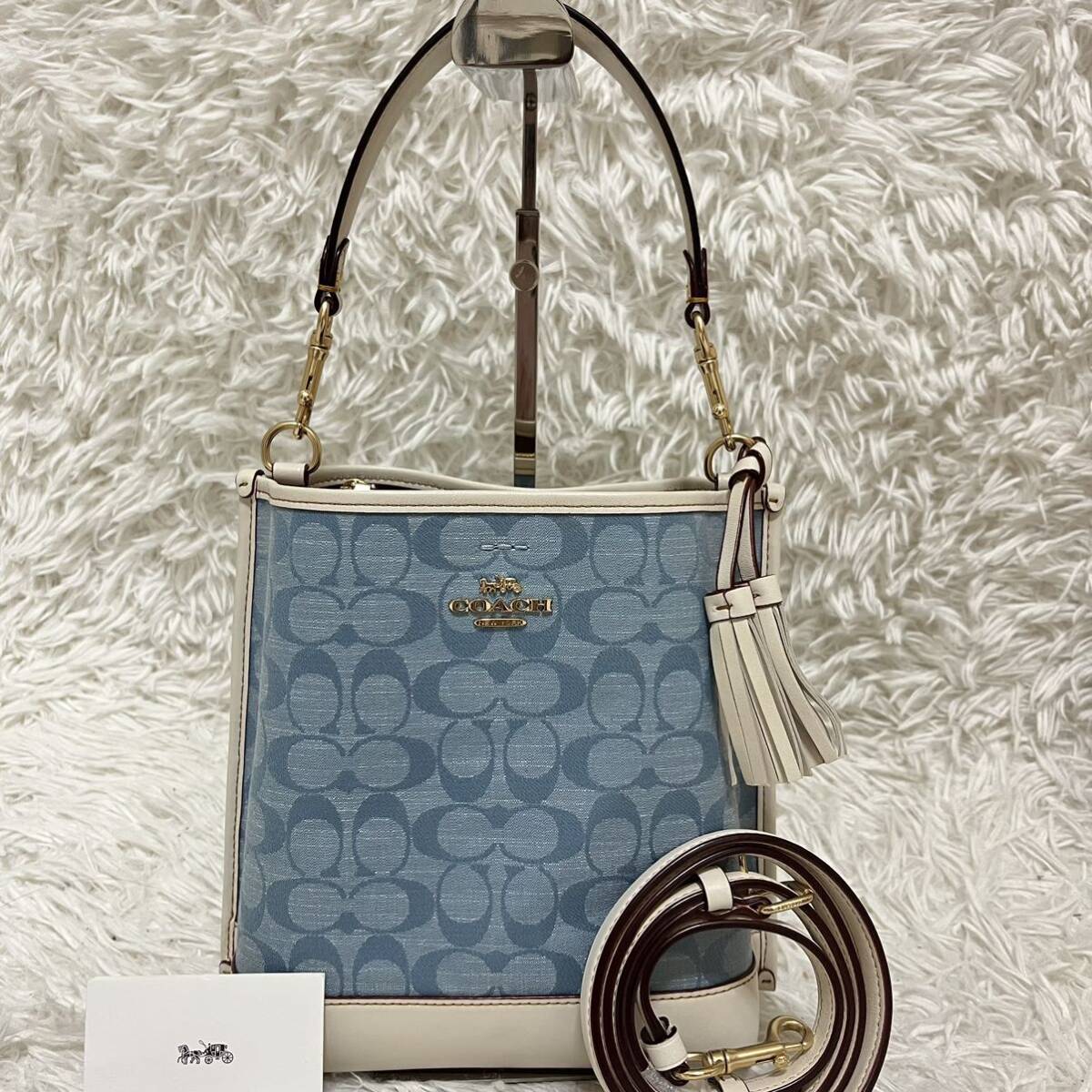 極美品 未使用級 COACH コーチ モリーバケット デニム 2way ショルダーバッグ ハンドバッグ タッセル レザー ブルー 青色 CA583