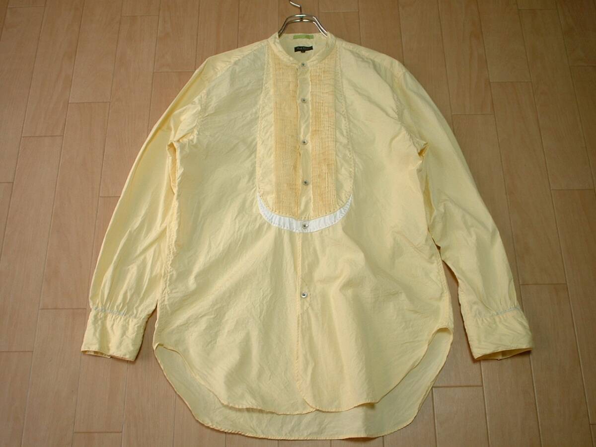 高級Paul SmithノーカラーコットンドレスシャツL美品プリーツ正規ポールスミスCOLLECTIONバンドカラー黄色イエロー定価2万円_画像4