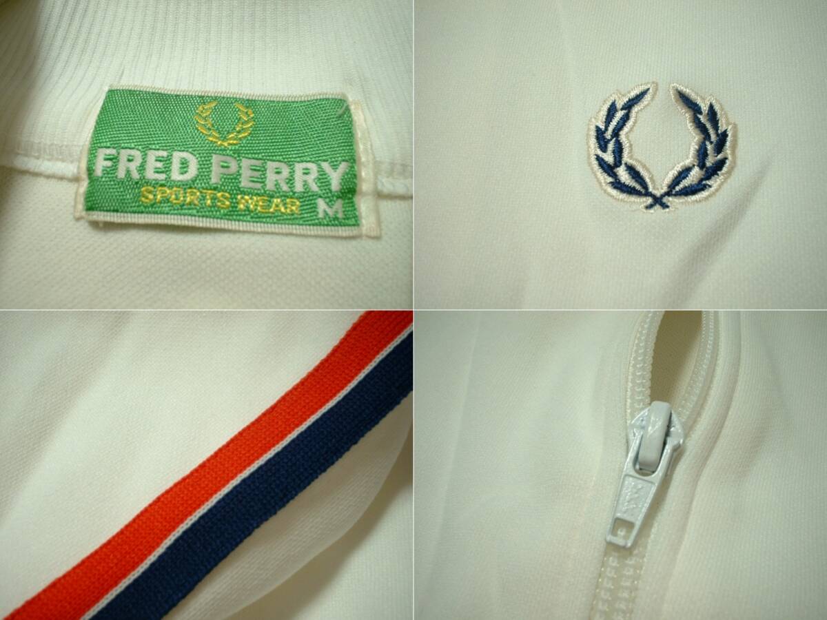 80sビンテージFRED PERRYジャージトップ美品M正規フレッドペリーVINTAGEトラックジャケット白ホワイトベース&トリコロールラインの画像3