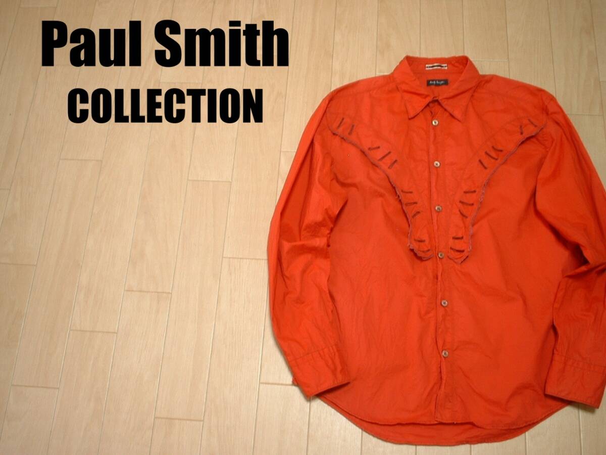 高級Paul SmithコットンドレスシャツL差し色レッド朱色オレンジ正規ポールスミスCOLLECTIONウエスタンWESTERN定価2万円の画像1