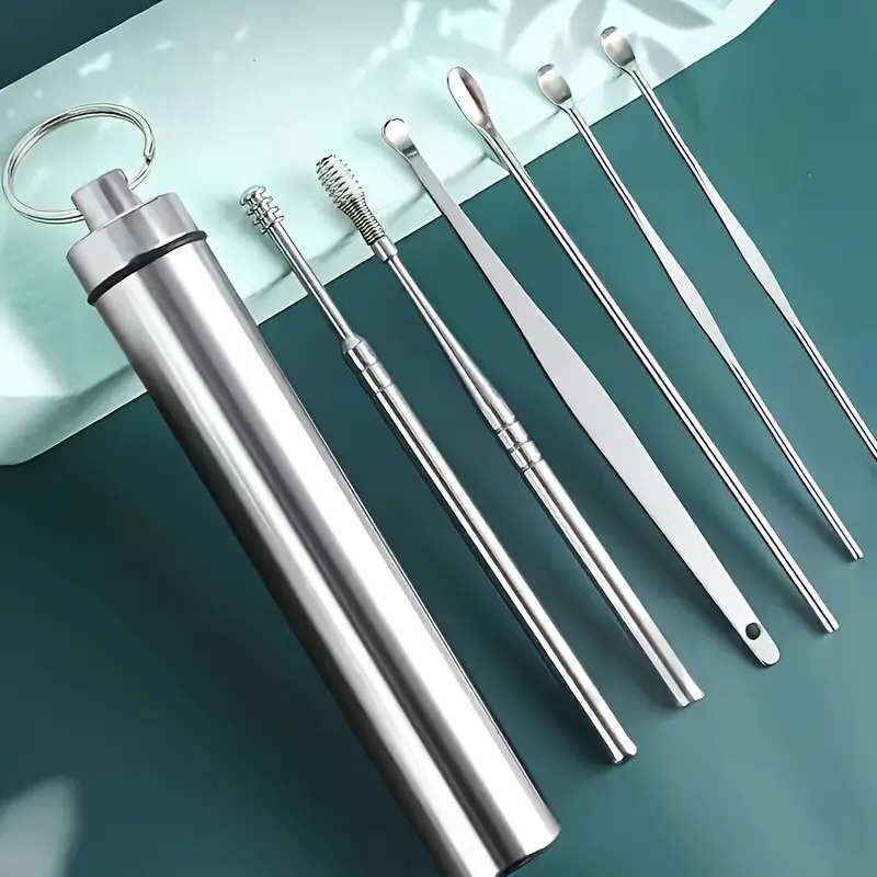  stainless steel ear ..6 point set washing with water OK high class simple safety light weight portable ear cleaning tool safe ear . taking . tweezers ear cleaner 