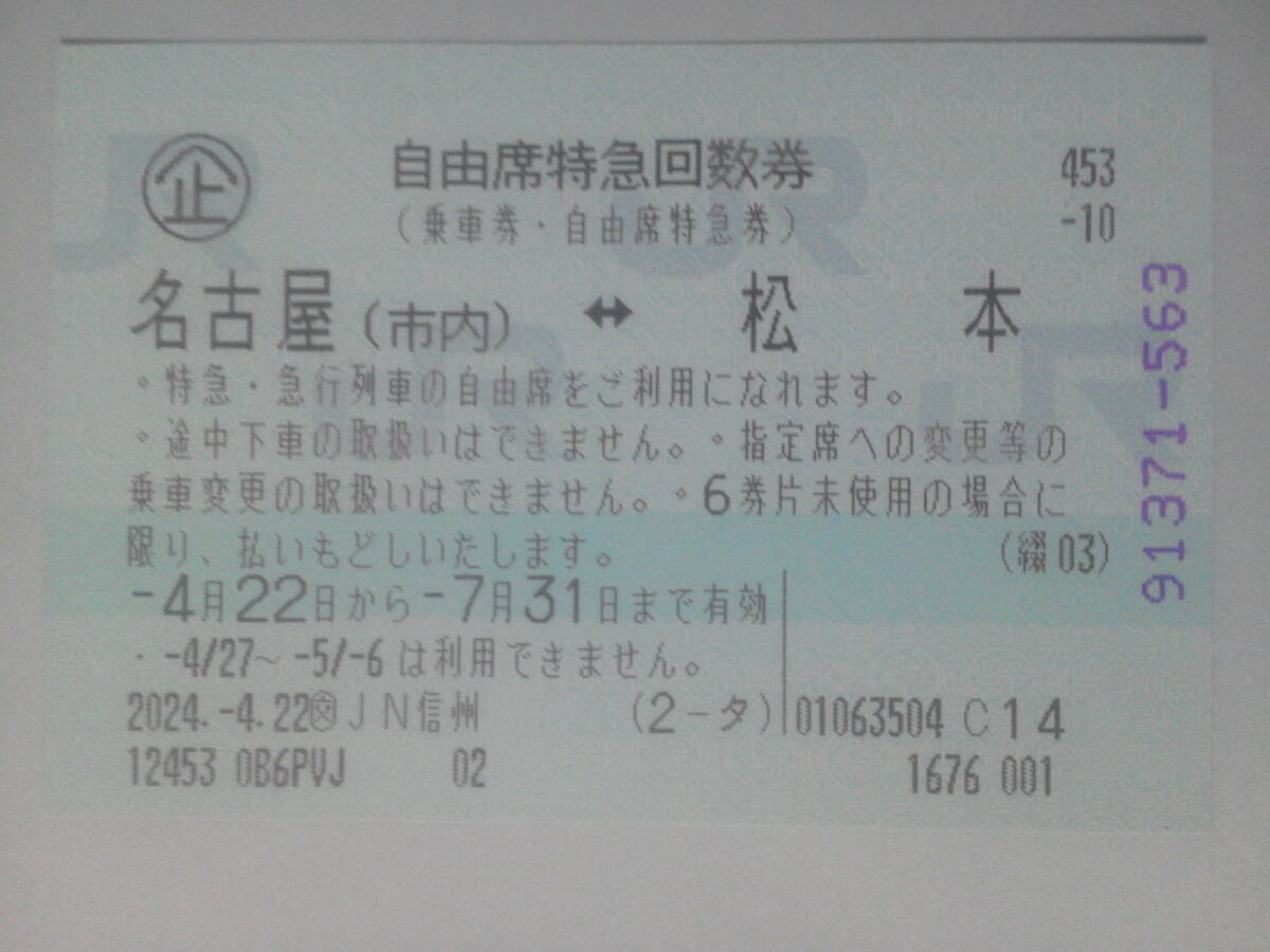 特急しなの自由席特急回数券(名古屋⇔松本)②・7/31まで有効_画像1