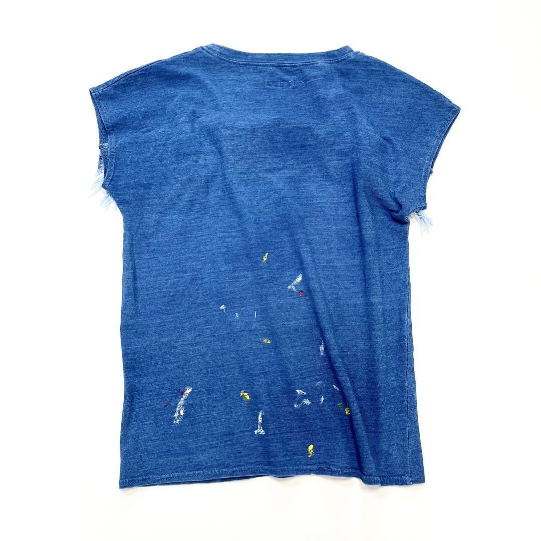 D82　KAPITALキャピタル　インディゴ　ペンキ柄　フリンジ半袖Tシャツ