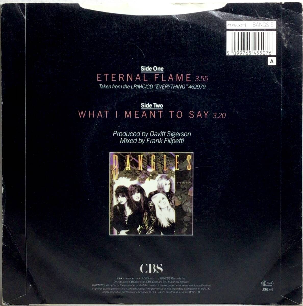 【英7】 BANGLES バングルス / ETERNAL FLAME / WHAT I MEANT TO SAY / 1989 UK盤 7インチシングルレコード EP 45 試聴済の画像2