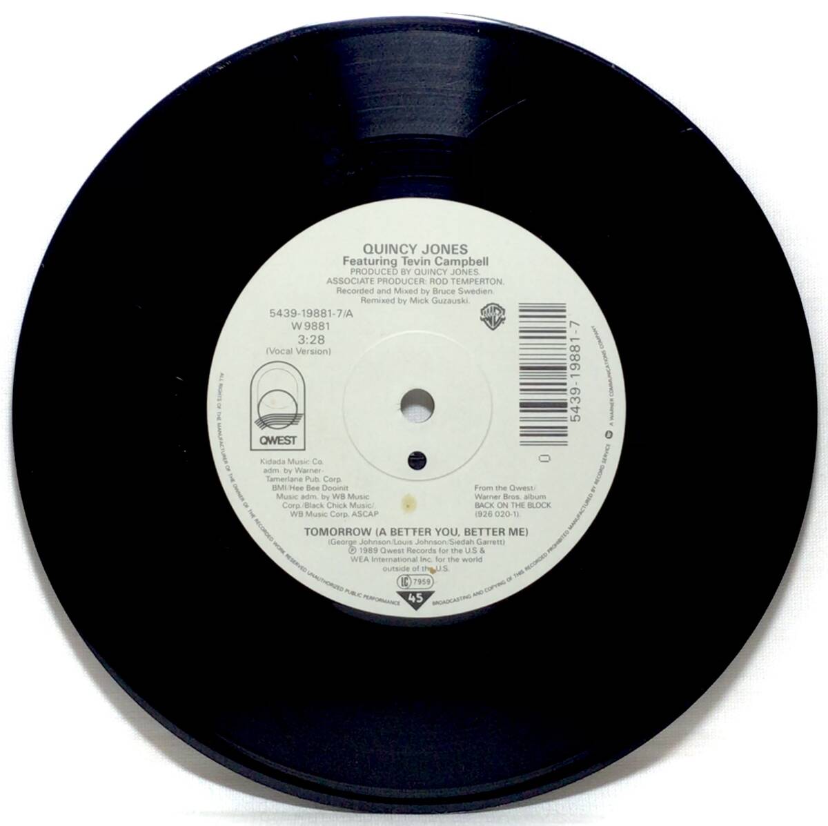 【独7】 QUINCY JONES / TOMORROW feat. TEVIN CAMPBELL (OC元ネタ) 1990 ドイツ盤 7インチレコード EP 45 DJ MURO DIGGIN ICE 97 収録曲_画像3