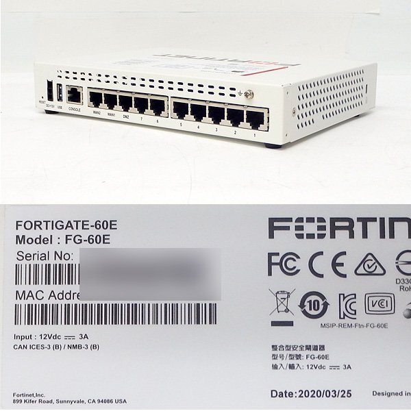 ＃現状品 ライセンス2025/06/25 ACアダプタ欠品 Fortinet/フォーティネット Fortigate-60E (FG-60E) ファイアウォール 初期化済の画像2