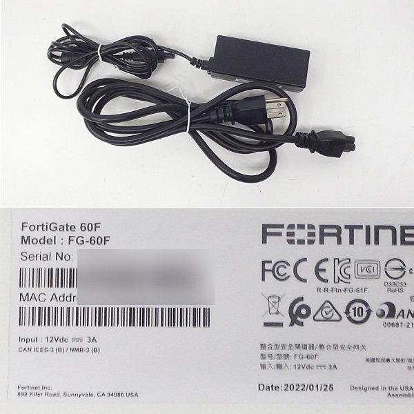 ＃ライセンス2027/07/14 Fortinet/フォーティネット Fortigate-60F FG-60F ACアダプタ付属 初期化済の画像4