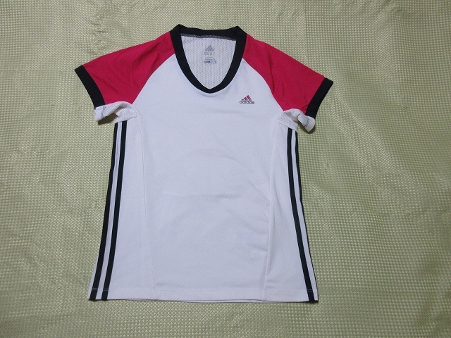 O-491★アディダス・CLIMACOOL♪白x赤x紺/半袖Tシャツ(OT)★の画像1