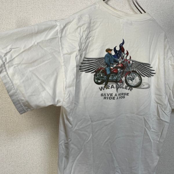 ラングラー　半袖Tシャツ　アメリカンバイク　アメリカ国旗　ホワイト白　羽F9 古着　入手困難　人気　ライダー　バックプリント　ど派手_画像7