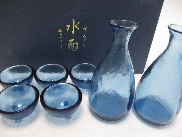  Sasaki glass water surface cold sake set blue / cold sake glass sake cup and bottle 2 piece sake bottle 5 piece 