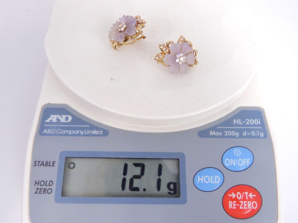 K18イエローゴールド ダイヤモンド 0.53ct イヤリング兼ピアス 花 フラワー パープルカラー 縦約2.2㎝_画像9