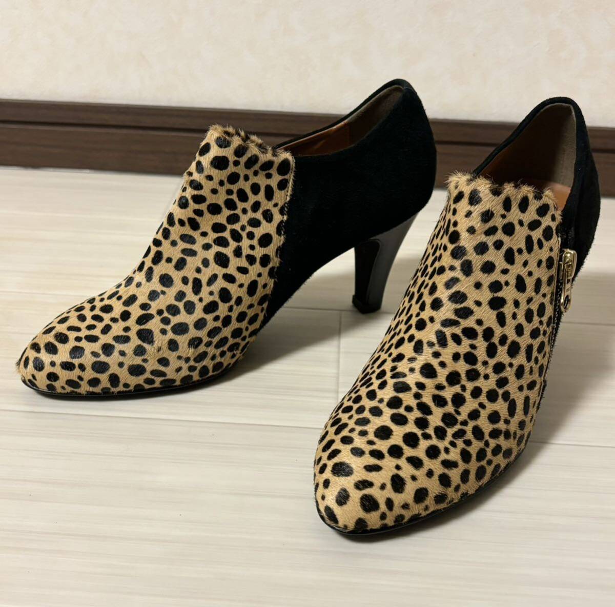 * новый товар не использовался сделано в Японии binoshe леопардовый рисунок - lako кожа замша кожа натуральная кожа боковой Zip женский ботиночки -35.5 22.5cm туфли-лодочки каблук 
